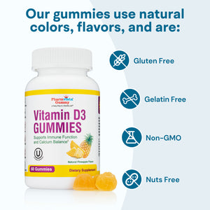 Organic Vitamin D3 1000IU Gummies - Sunshine vitamin, Gluten Free, Natural Cherry Flavor, Made in USA